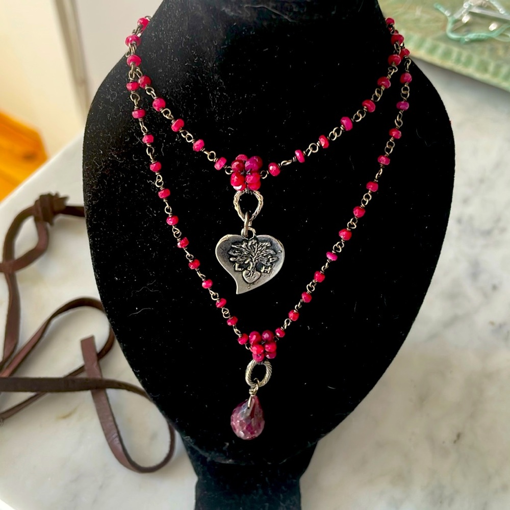 Sundance leather, ruby, sterling Neclace